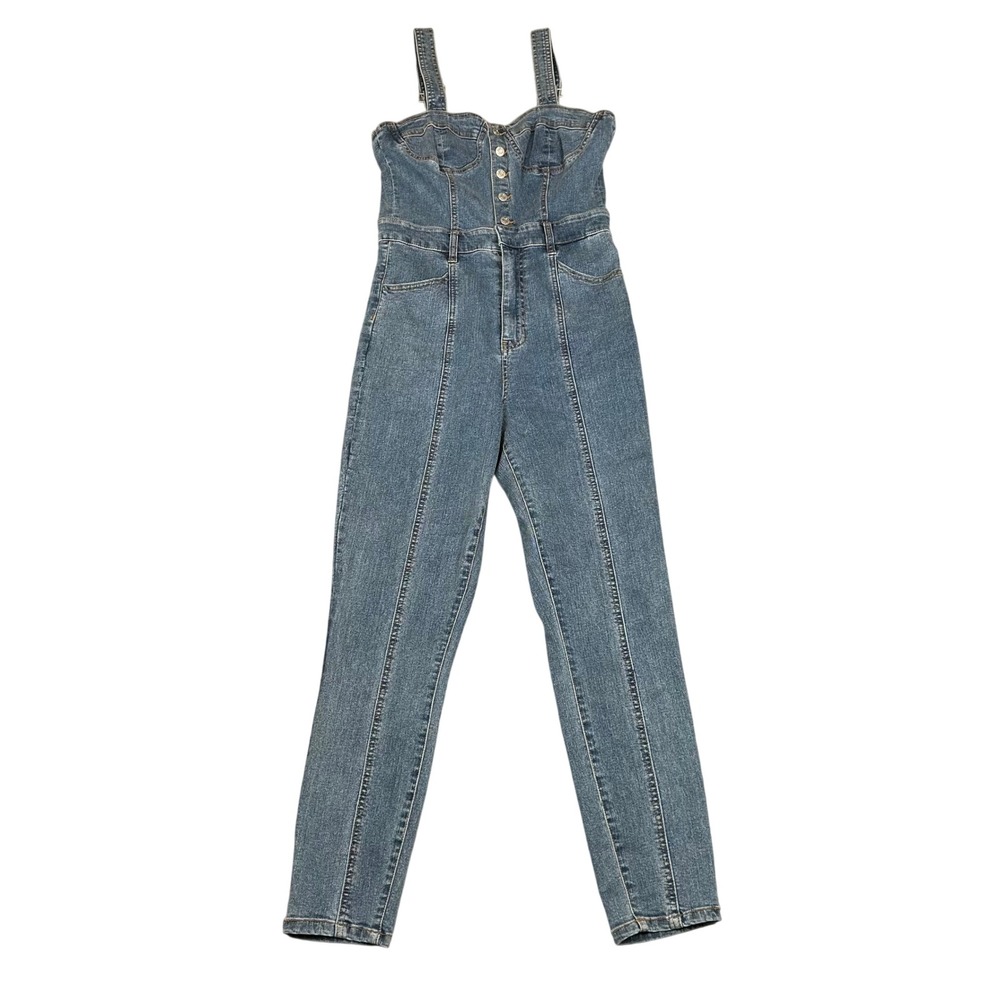 VTG GUESS Y2K Denim Jumpsuit Bustier Sweetheart Overalls Skinny Blue Jean Sz 28